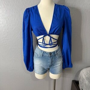 Women's top Lantern Sleeve Crisscross Tie Front Top Long Sleeve V Neck size M